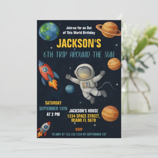 Galaxy Rocket Ship Party Uitgenodigd Kaart (Staand voorkant)