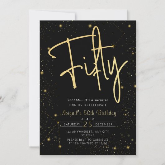 Galaxy Script Zwart en Goud 50e Verjaardagsfeest Kaart (Voorkant)