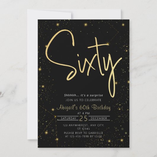 Galaxy Script Zwart en Goud 60e Verjaardagsfeestje Kaart (Voorkant)