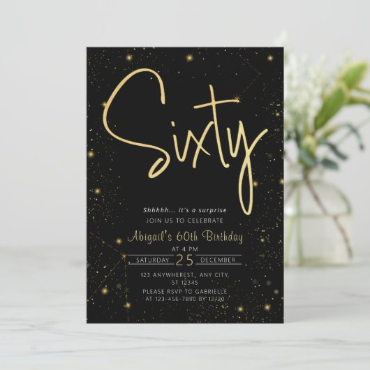 Galaxy Script Zwart en Goud 60e Verjaardagsfeestje Kaart (Staand voorkant)