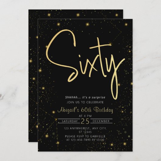 Galaxy Script Zwart en Goud 60e Verjaardagsfeestje Kaart (Voorkant / Achterkant)