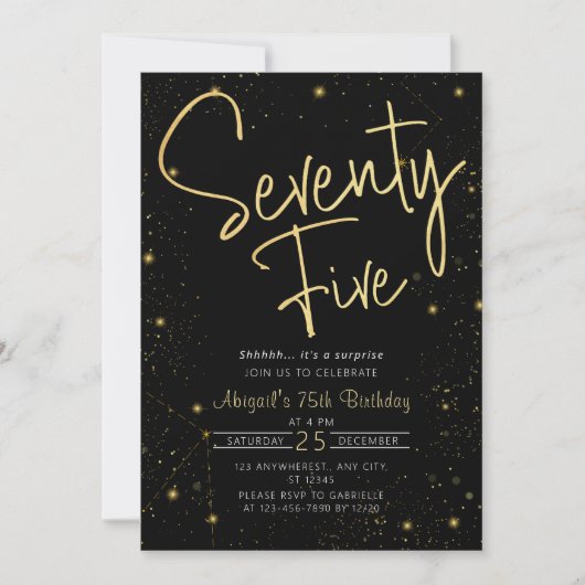 Galaxy Script Zwart en Goud 75e Verjaardagsfeestje Kaart (Voorkant)