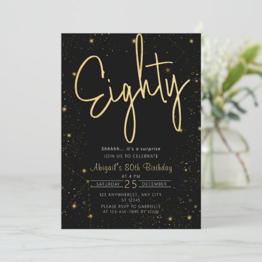 Galaxy Script Zwart en Goud 80ste Verjaardagsfeest Kaart (Staand voorkant)
