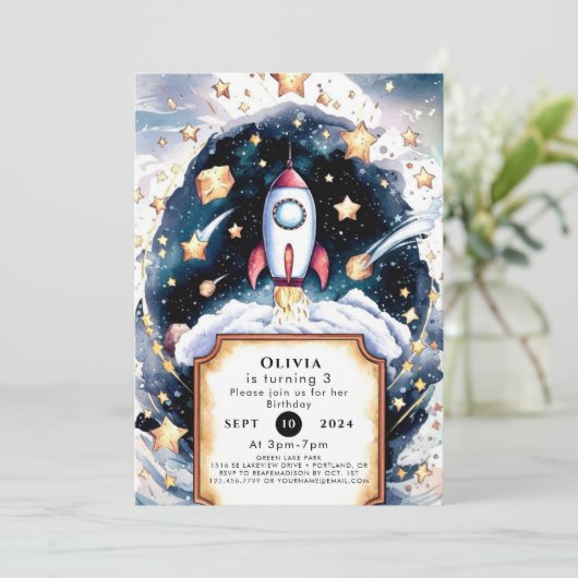 Galaxy Simple Rocket Verjaardag Kaart (Staand voorkant)