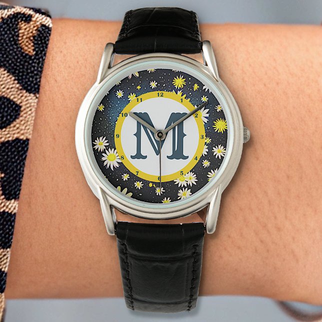 Galaxy Sky Daisy Bloemen Monogram Letter Donkerbla Horloge (Creator heeft geüpload)