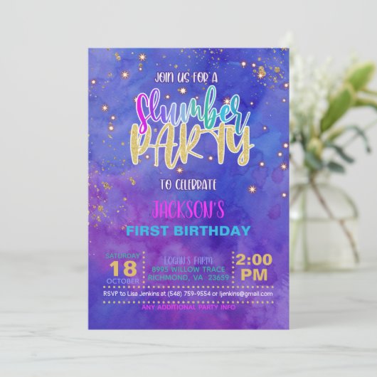 Galaxy Slumber Party verjaardagsuitnodiging Kaart (Staand voorkant)