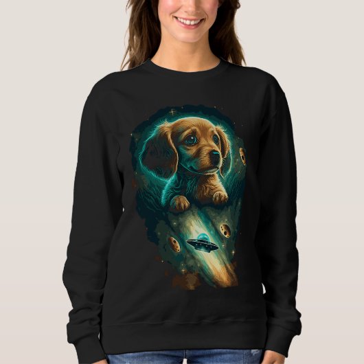 Galaxy Space Astronaut Puppy Dog Flying Ufo Aliens Trui (Voorkant)