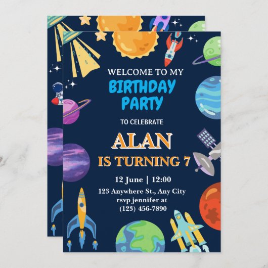 Galaxy Space Boy verjaardagsuitnodiging Kaart (Voorkant / Achterkant)