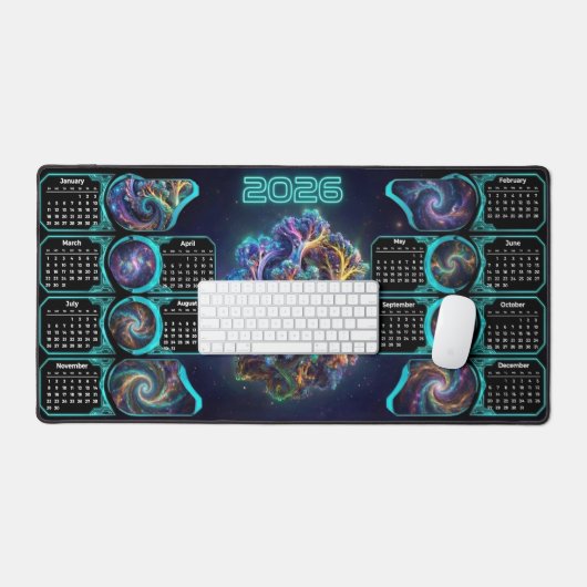 Galaxy Space Fractal Art Desk Pad - 2026 Calendar (Keyboard & Muis)