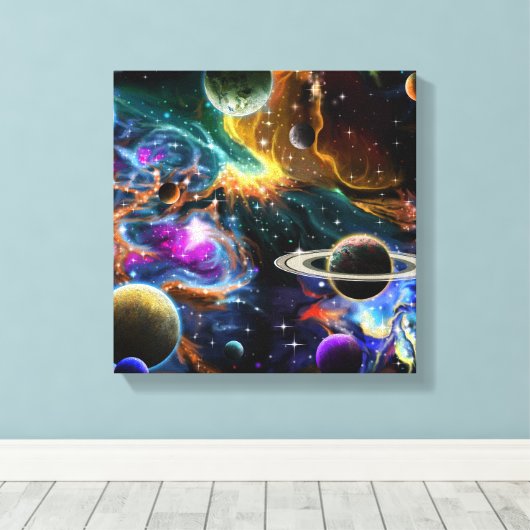 Galaxy Space Nebula met Planeten Canvas Afdruk (Insitu (Houten vloer))