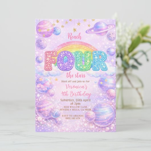 Galaxy Space Rainbow 4th Birthday Party Kaart (Staand voorkant)