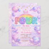 Galaxy Space Rainbow 4th Birthday Party Kaart (Voorkant / Achterkant)