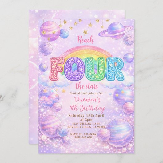 Galaxy Space Rainbow 4th Birthday Party Kaart (Voorkant / Achterkant)