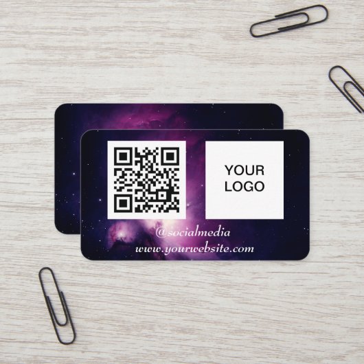 Galaxy Space Social media QR Code Paarse Modern Visitekaartje (Voorkant / Achterkant in situ)