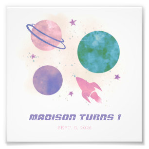 Galaxy Space Waterverf Planet Girl 1ste verjaardag Foto Afdruk