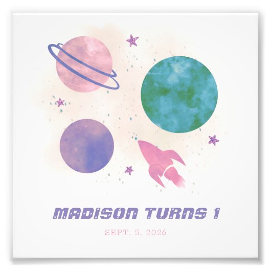 Galaxy Space Waterverf Planet Girl 1ste verjaardag Foto Afdruk (Voorkant)