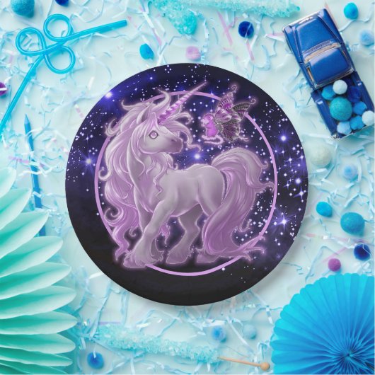 Galaxy Sparkle roze Unicorn Papieren Bordje (Feest)