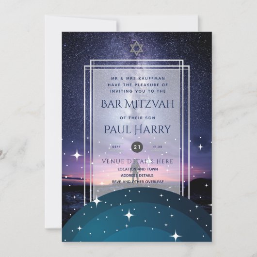 Galaxy Starry Night BAR MITZVAH Uitnodigingen Blau (Voorkant)