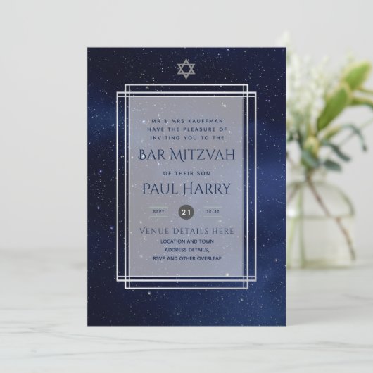 Galaxy Starry Night BAR MITZVAH Uitnodigingen Blau (Staand voorkant)