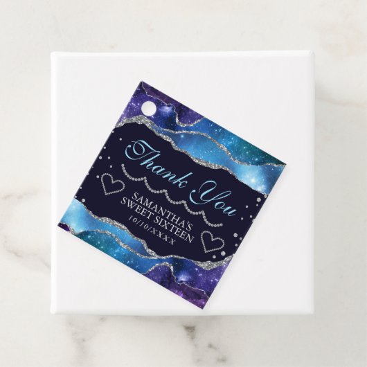 Galaxy starry Silver Glitter Agate Sweet 16 Bedankjes Labels (In situ)