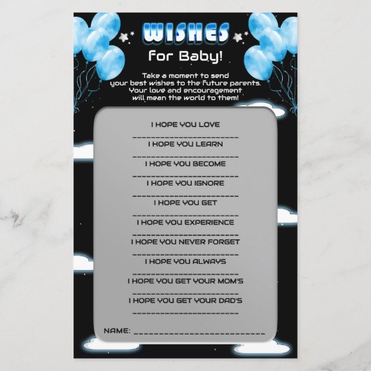 Galaxy Stars Blue Balloons Baby shower Advies Kaar (Achterkant)