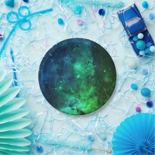 Galaxy Stars Space Green Neon Pattern Papieren Bordje (Feest)