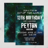 Galaxy Stars Verjaardagsfeestje Groen Blauw Kaart (Voorkant / Achterkant)