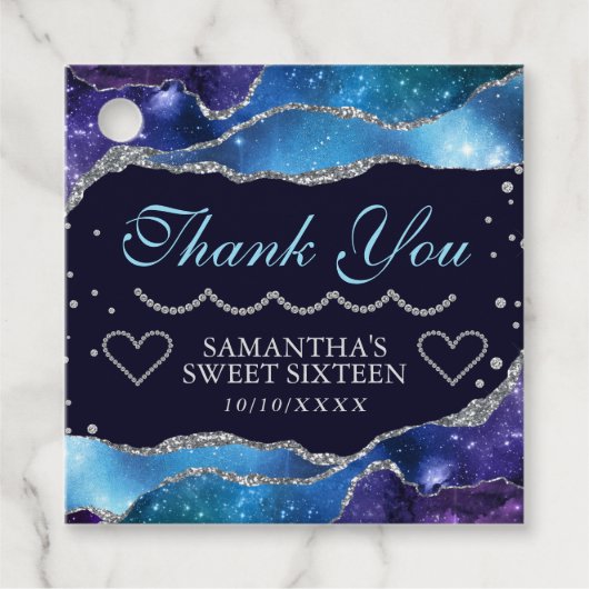 Galaxy sterren Zilver Glitter Agate Sweet 16 Bedankjes Labels (Voorkant)