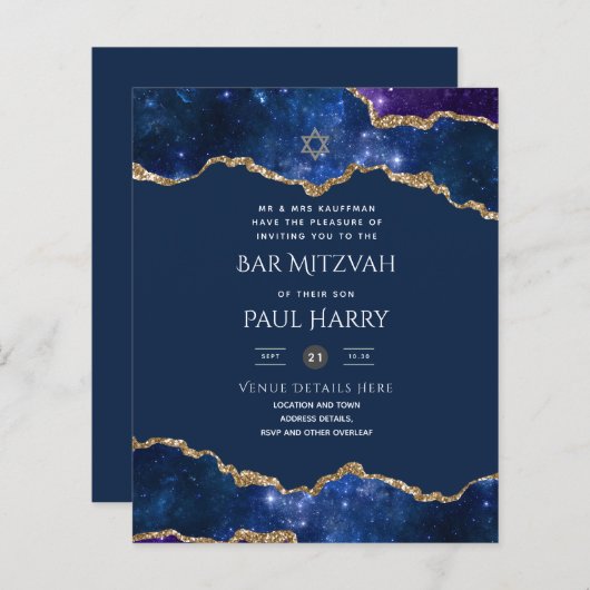 Galaxy Sterrennacht BAR MITZVAH Invitations Navy (Voorkant / Achterkant)