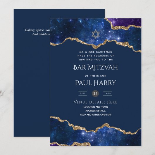 Galaxy Sterrennacht BAR MITZVAH Invitations Navy Kaart (Voorkant / Achterkant)