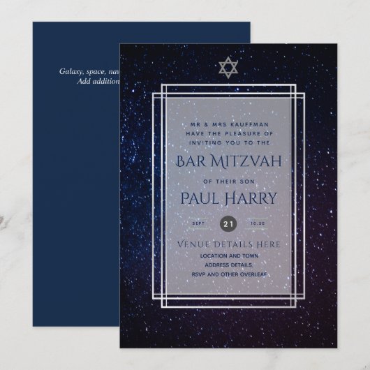 Galaxy Sterrennacht BAR MITZVAH Invitations Navy Kaart (Voorkant / Achterkant)