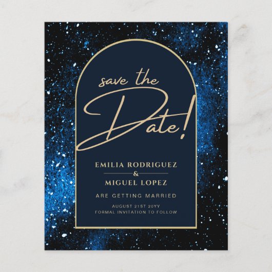 Galaxy Sterrennacht Blue Gold Wedding SAVE DATE Flyer (Voorkant)