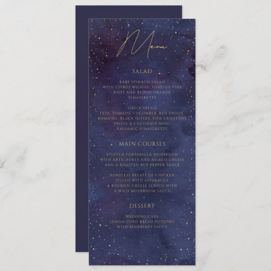 Galaxy Sterrennacht Celestial Paarse gouden bruilo Menu (Voorkant / Achterkant)