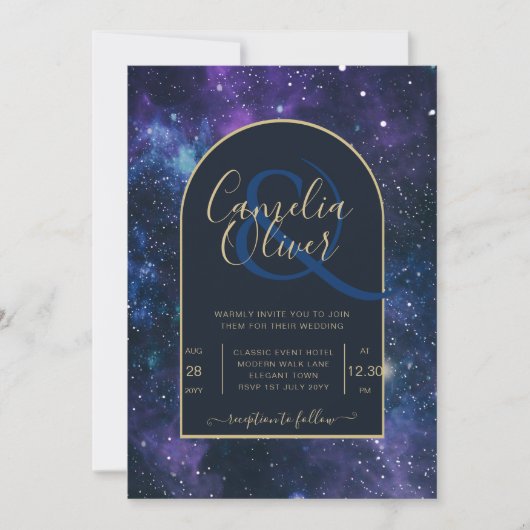 Galaxy Sterrennacht Navy Blue Gold Wedding Kaart (Voorkant)
