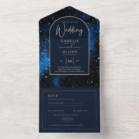 Galaxy Sterrennacht Navyblauw Gouden Trouwring All In One Uitnodiging (Binnen)