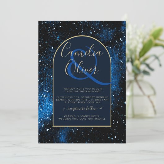Galaxy Sterrennacht Navyblauw Gouden Trouwring Kaart (Staand voorkant)