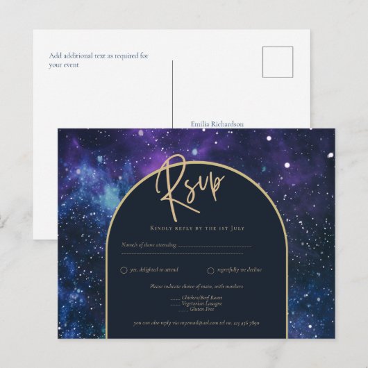 Galaxy Sterrennacht Paars Blauw Goud Trouw RSVP Briefkaart (Voorkant / Achterkant)