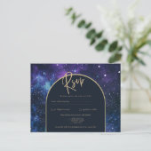 Galaxy Sterrennacht Paars Blauw Goud Trouw RSVP Briefkaart (Staand voorkant)