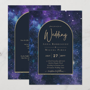 Galaxy Sterrennacht Paars Blue Gold Wedding Kaart