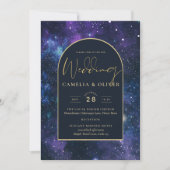 Galaxy Sterrennacht Paars Blue Gold Wedding Kaart (Voorkant)
