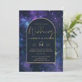 Galaxy Sterrennacht Paars Blue Gold Wedding Kaart (Staand voorkant)