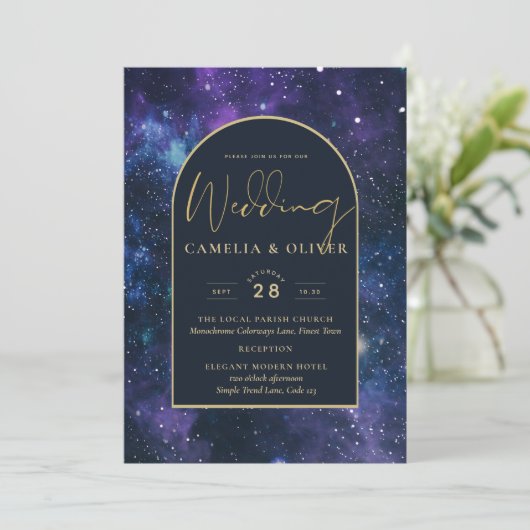 Galaxy Sterrennacht Paars Blue Gold Wedding Kaart (Staand voorkant)