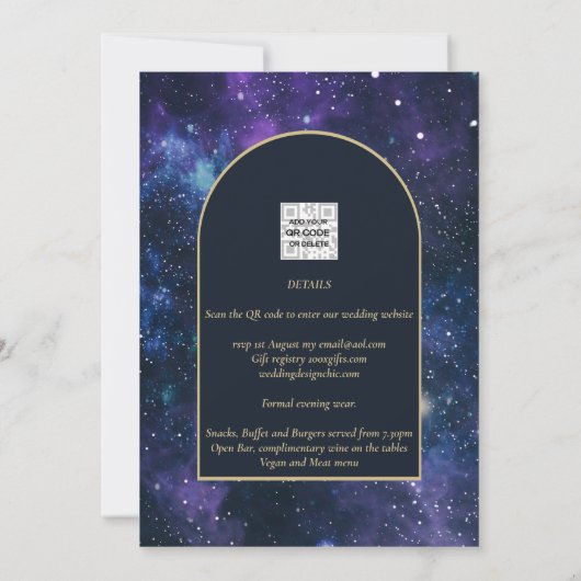 Galaxy Sterrennacht Paars Blue Gold Wedding Kaart (Achterkant)