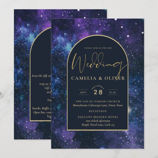 Galaxy Sterrennacht Paars Blue Gold Wedding Kaart (Voorkant / Achterkant)
