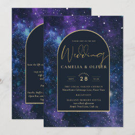 Galaxy Sterrennacht Paars Blue Gold Wedding Kaart