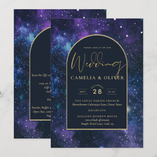 Galaxy Sterrennacht Paars Blue Gold Wedding Kaart