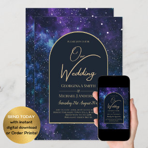 Galaxy Sterrennacht Paars Blue Gold Wedding Kaart