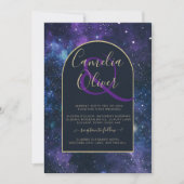 Galaxy Sterrennacht Paars Blue Gold Wedding Kaart (Voorkant)