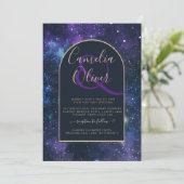 Galaxy Sterrennacht Paars Blue Gold Wedding Kaart (Staand voorkant)