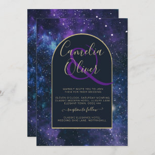 Galaxy Sterrennacht Paars Blue Gold Wedding Kaart